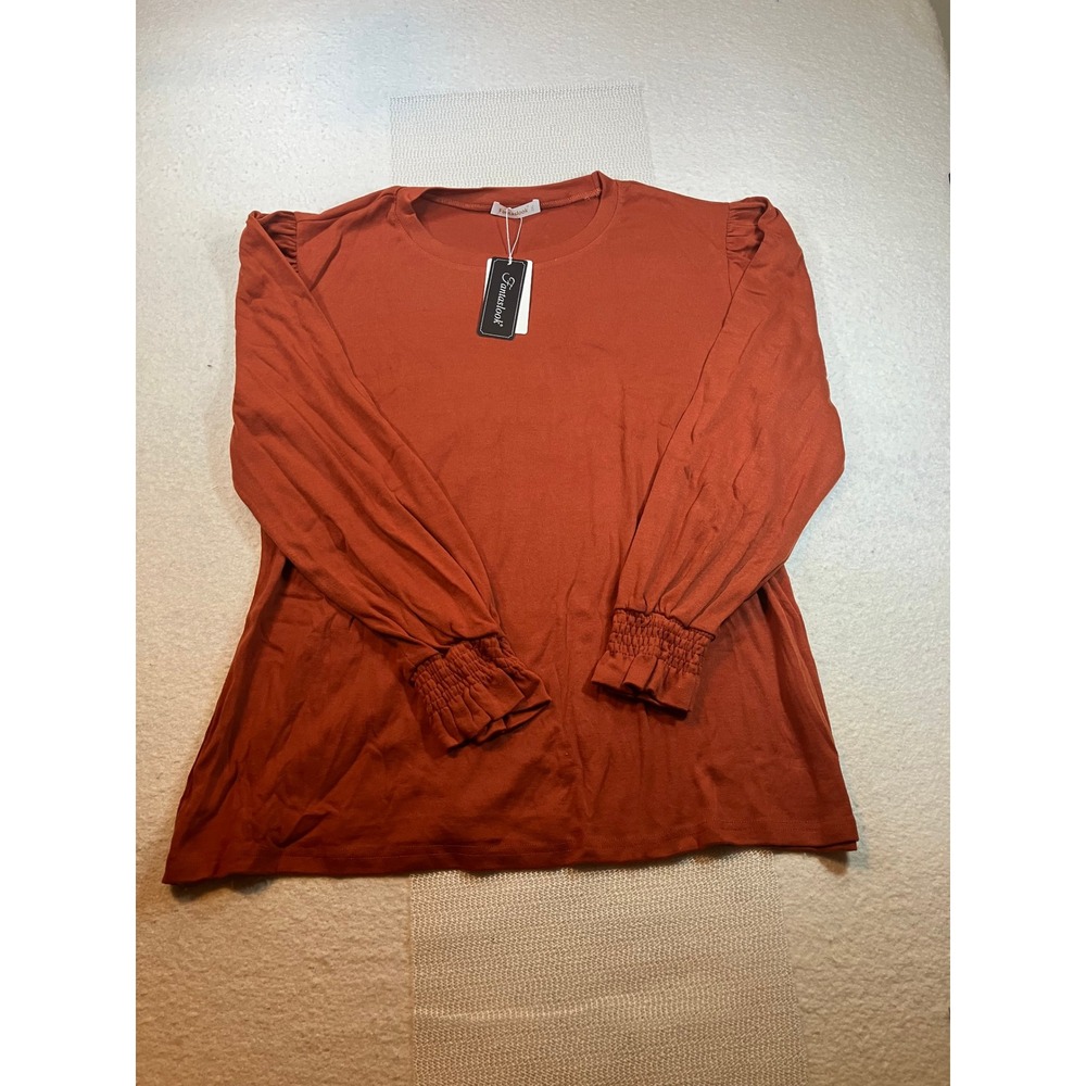 Fantaslook Caramel Long Sleeve Puff Shoulder Smocked Cuff Top Womens 2XL NWT